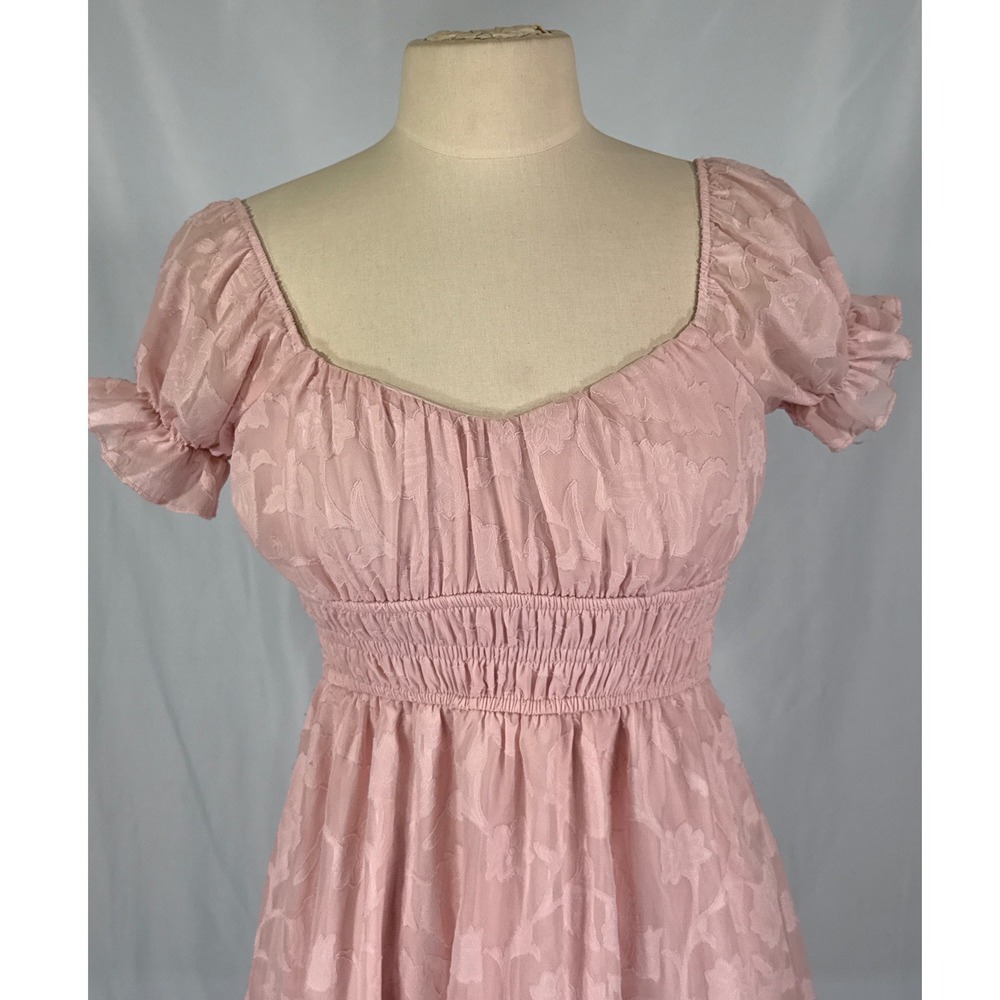 Inspired Hearts Pink Floral Burnout Smocked Mini Dress Small Cottagecore Fairy - Picture 2 of 9